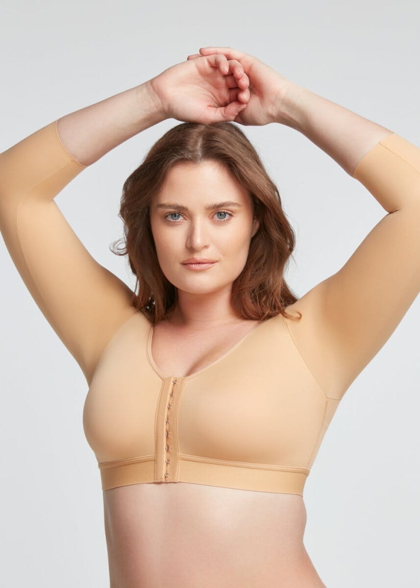 X back design under bust support and arm compression beige body shaper bra